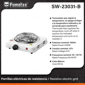 ESTUFA PARRILLA ELECTRICA 1 QUEMADOR TERMOSTATO FUMETAX SW-23031-B