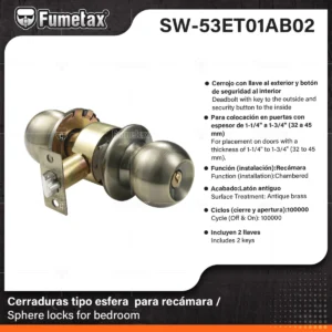 CERRADURA DE PERILLA RECAMARA LATON ANTIGUO SW-53ET01AB02