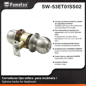 CERRADURA DE PERILLA RECAMARA ACERO INOX SW-53ET01SS02