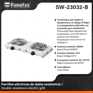 ESTUFA PARRILLA ELECTRICA 2 QUEMADOR TERMOSTATO FUMETAX SW-23032-B