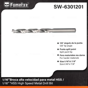 BROCA PARA METAL FUMETAX DE ALTA VELOCIDAD HSS  1/16-1 7/8 SW-6301201