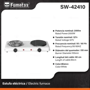 ESTUFA PARRILLA ELECTRICA 2 QUEMADORES ESPIRAL-DISCO SW-42410