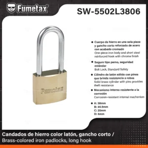 CANDADO CILINDRO DE LATON SUPERFICIE TITANIO GANCHO LARGO SW-5502L5006