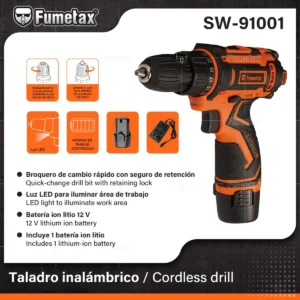 TALADRO INALAMBRICO 3/8" FUMETAX 1500 RPM 12V 3 HORAS TRABAJO CONTINUO SW-91001