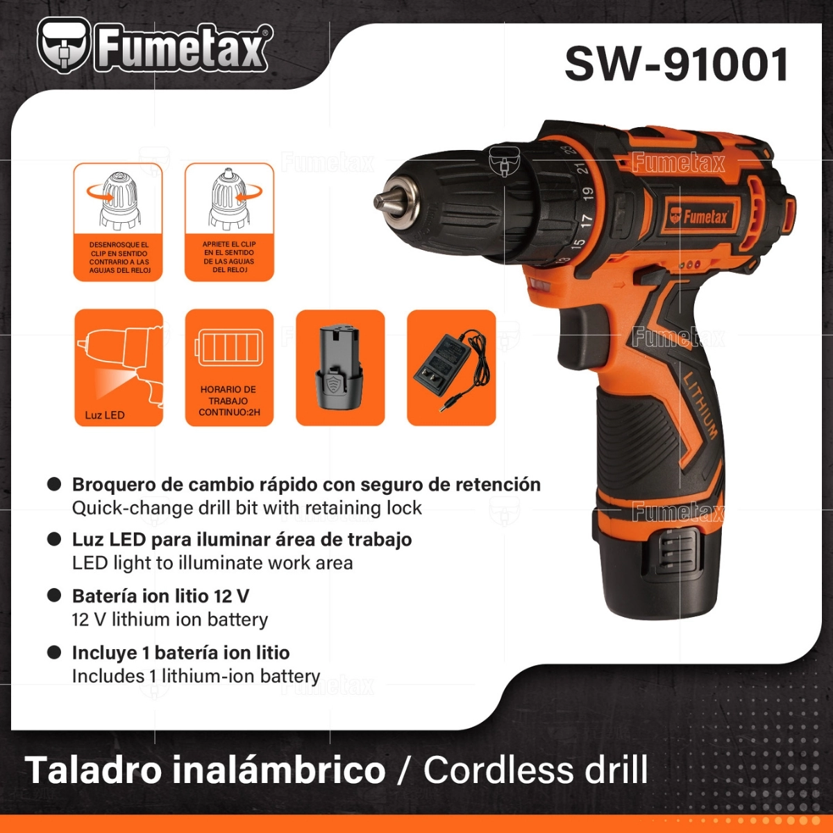 TALADRO INALAMBRICO 3/8" FUMETAX 1500 RPM 12V 3 HORAS TRABAJO CONTINUO SW-91001