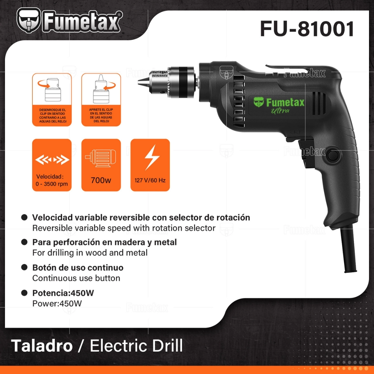 TALADRO 3/8 450W FUMETAX ULTRA FU-81001