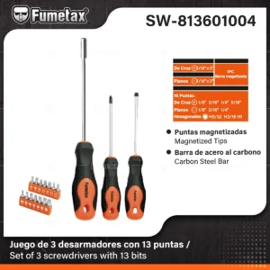 JUEGO DE 3 DESARMADORES  Y 13 PUNTAS FUMETAX SW-813601004