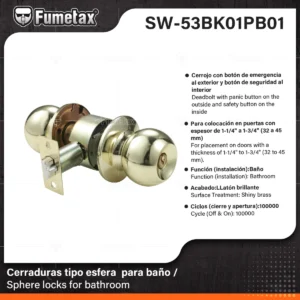 CERRADURA DE PERILLA PARA BAÑO COLOR LATON BRILLANTE SW-53BK01PB01